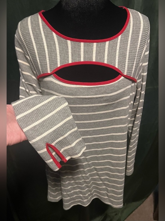 Tops - OSO Casuals - Gray & White Striped Long Sleeve Top with Red Trim
